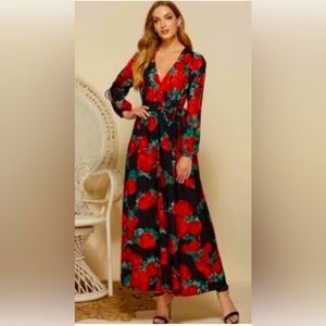 Simple Flavor Surplice Neck Split Sleeve Belted Floral Dress Size Small